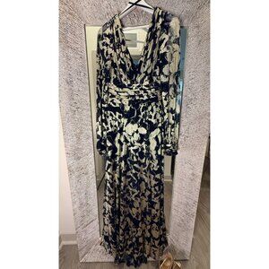 BETSY & ADAM Elle Long Sleeve Side Ruffled Slit Gown Size 8 Navy Evening Formal